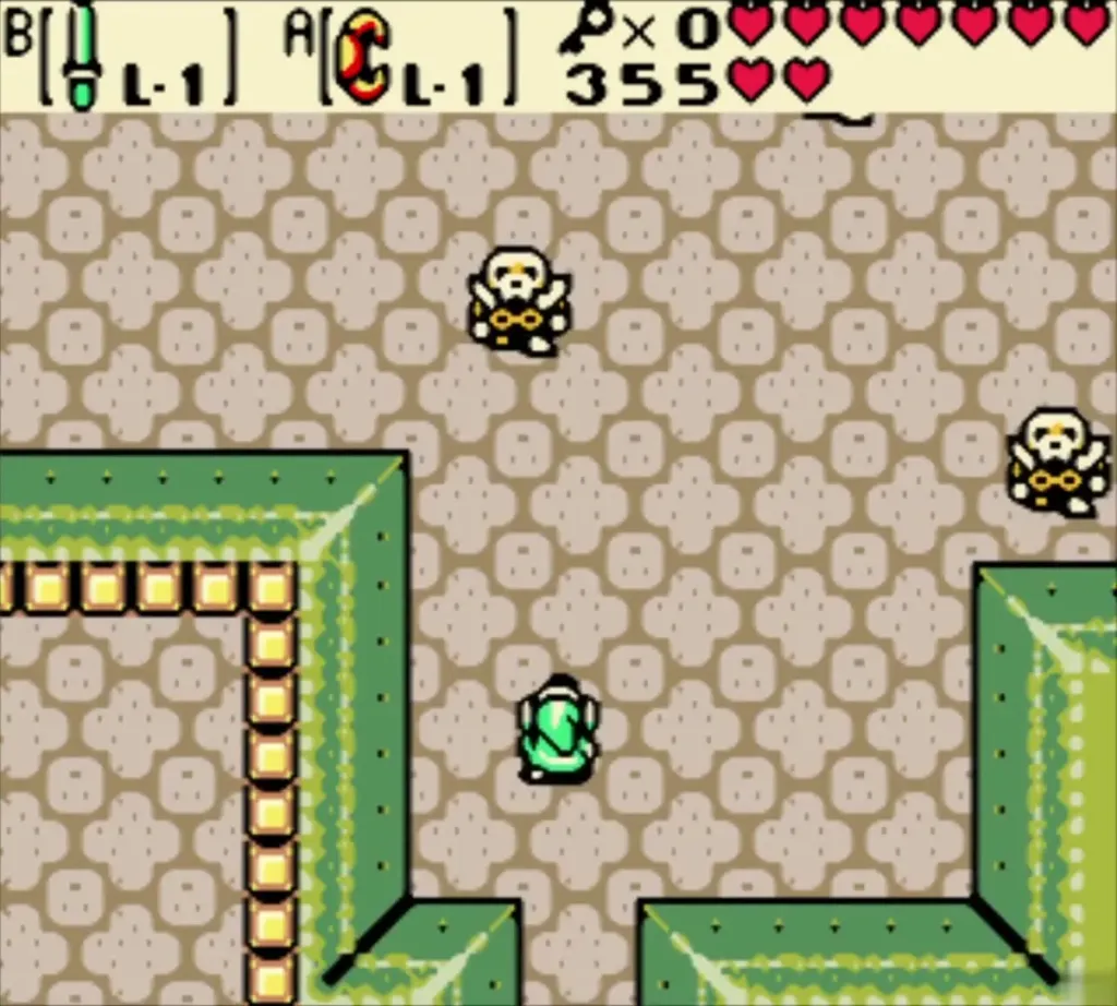 Link facing Stalfos in the room with the west door Link facing Stalfos in the room with the west door