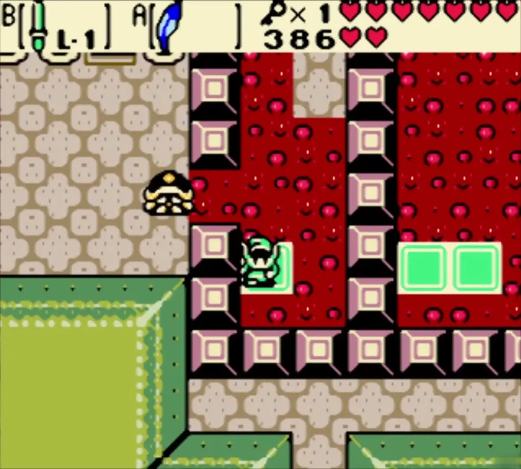 Link standing on a green platform above the lava Link standing on a green platform above the lava