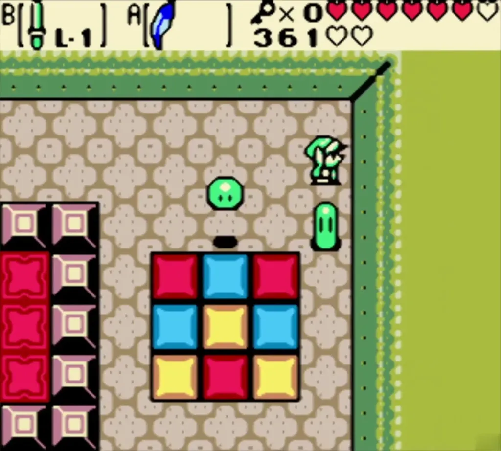 Link and a Green Zol beside the colored tile floor and its pattern Link and a Green Zol beside the colored tile floor and its pattern
