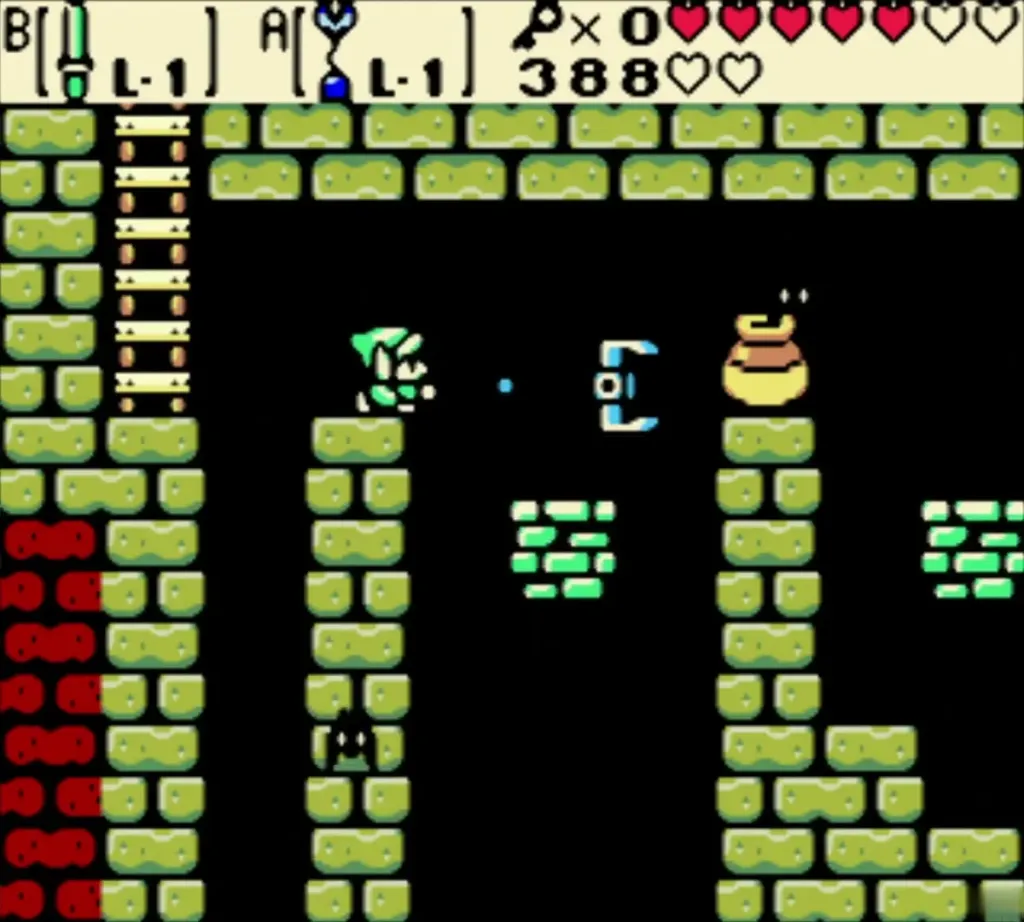Link firing the Switch Hook at a pot on a brick pillar Link firing the Switch Hook at a pot on a brick pillar