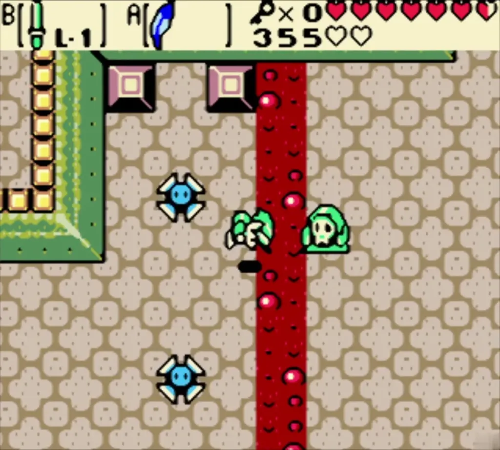 Link jumping the lava channel with Roc's Feather past two Blade Traps Link jumping the lava channel with Roc's Feather past two Blade Traps