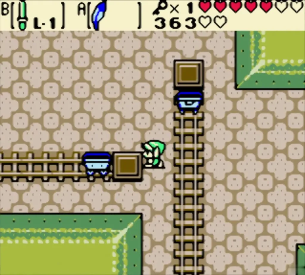 Link next to the key block by the minecart tracks Link next to the key block by the minecart tracks