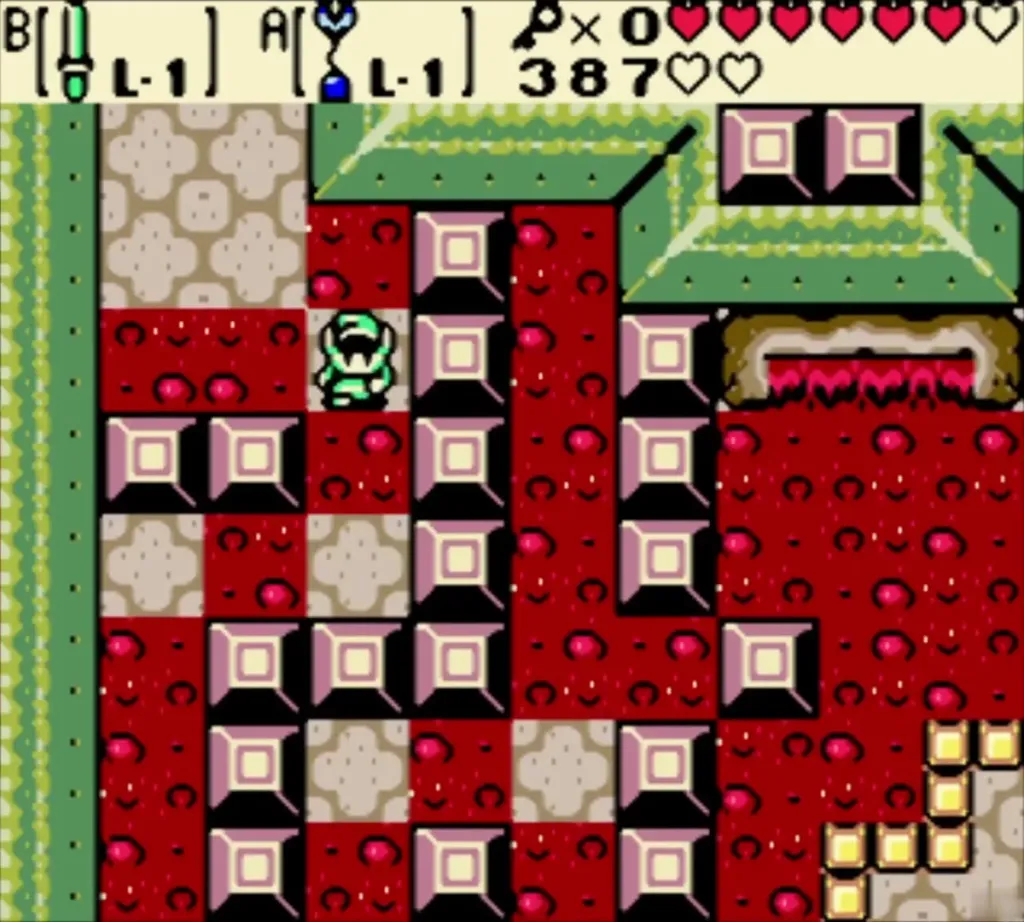 Link jumping diagonally across safe tiles in the lava Link jumping diagonally across safe tiles in the lava