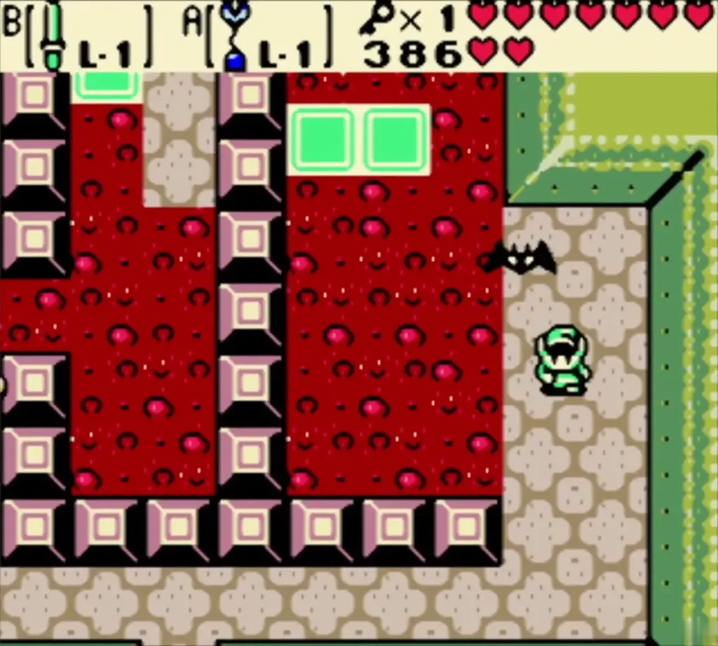 Green platforms drifting over lava beside Link Green platforms drifting over lava beside Link
