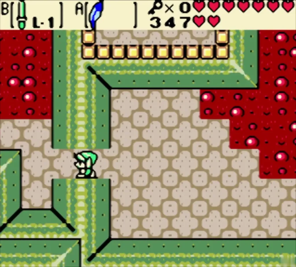 Link walking out of the room beside the lava Link walking out of the room beside the lava