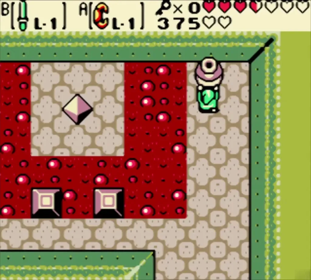 Link carrying a pot beside a diamond on a lava-ringed island Link carrying a pot beside a diamond on a lava-ringed island