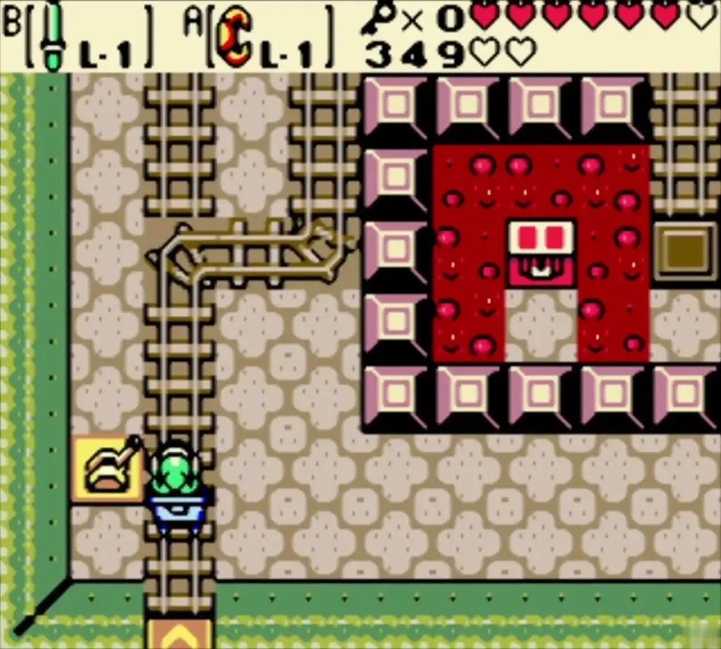 Link riding the minecart up the rails past the track switch Link riding the minecart up the rails past the track switch