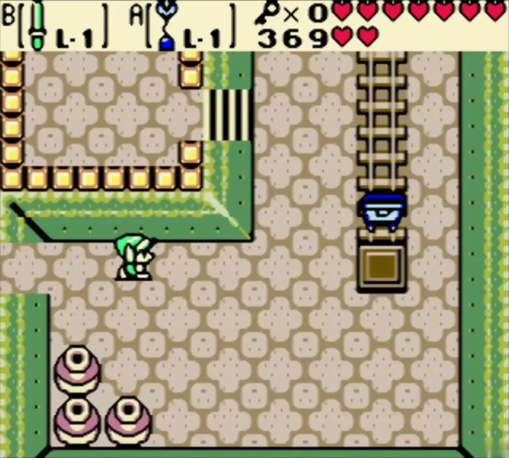 Link on foot in the minecart room beside the pots Link on foot in the minecart room beside the pots