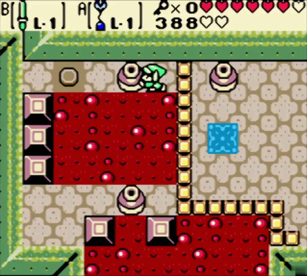 Link on the far ledge with the floor button and pots set Link on the far ledge with the floor button and pots set