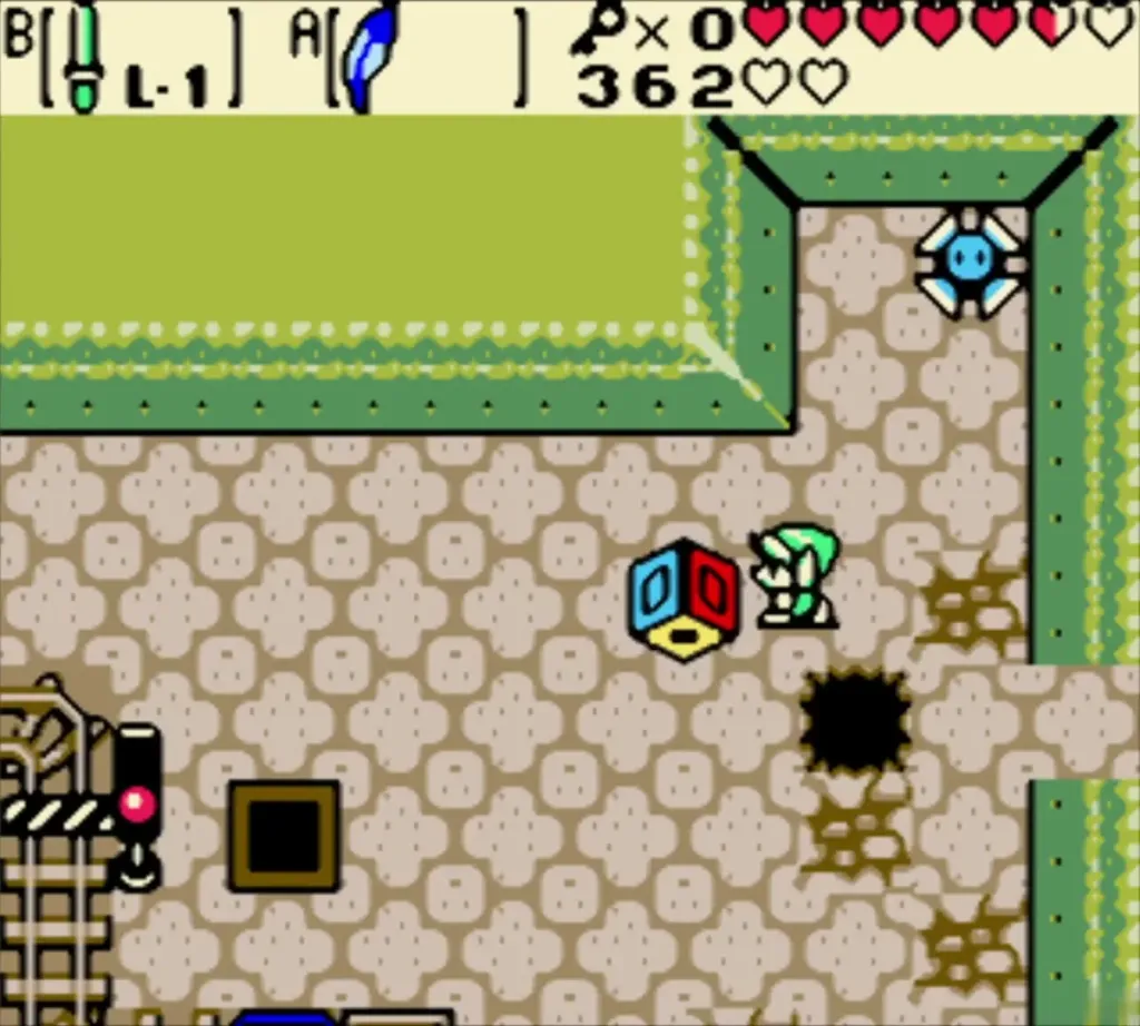 Link pushing the colored block toward the hole in the floor Link pushing the colored block toward the hole in the floor