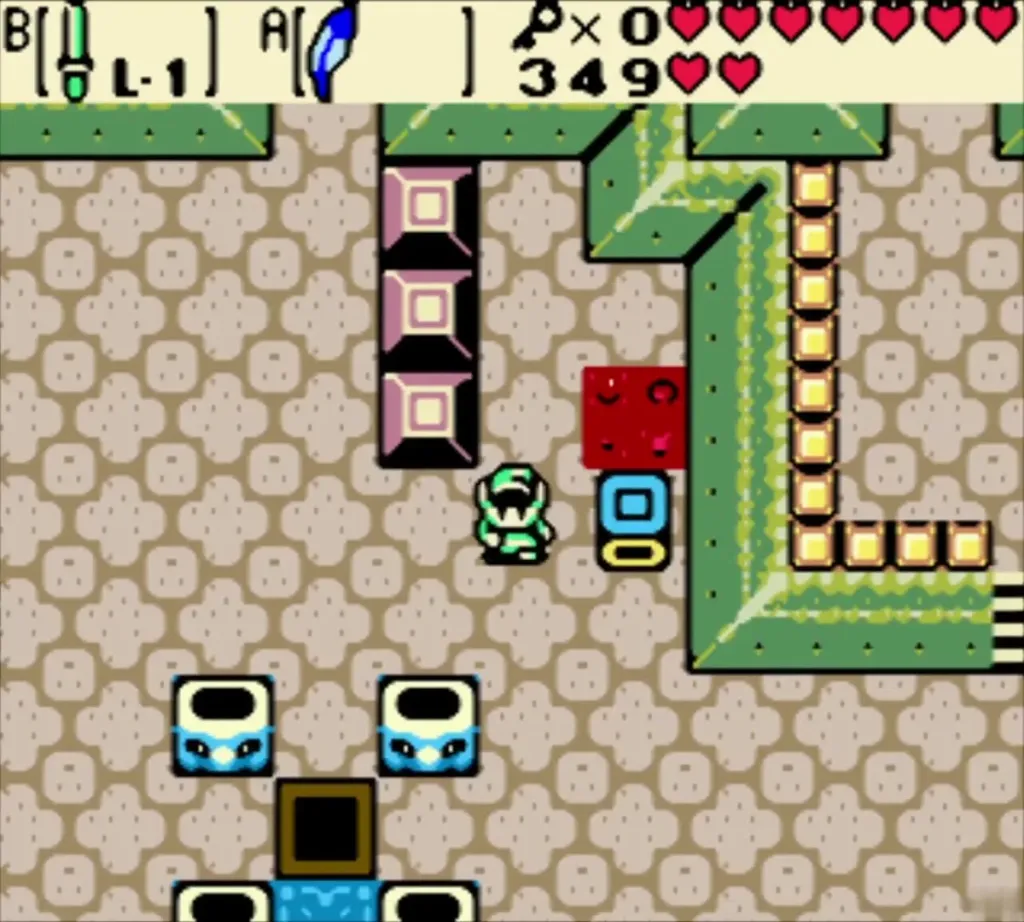 Link pushing the colored block toward the marked square Link pushing the colored block toward the marked square
