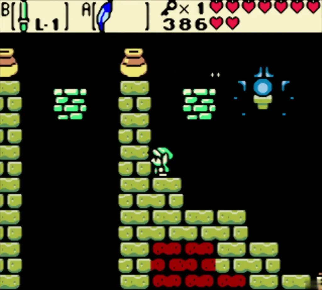 Link climbing brick steps in the side-view room with pots on the pillars Link climbing brick steps in the side-view room with pots on the pillars