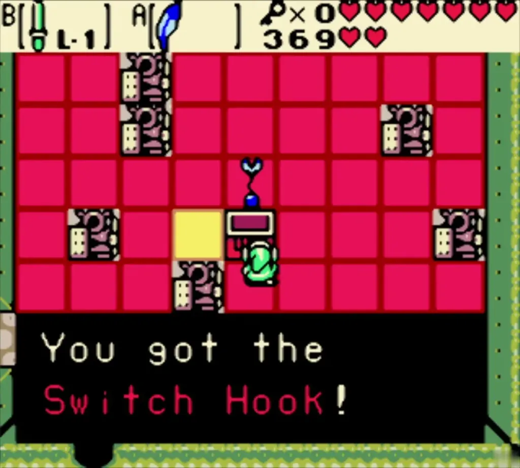 Link holding up the Switch Hook with its message box Link holding up the Switch Hook with its message box