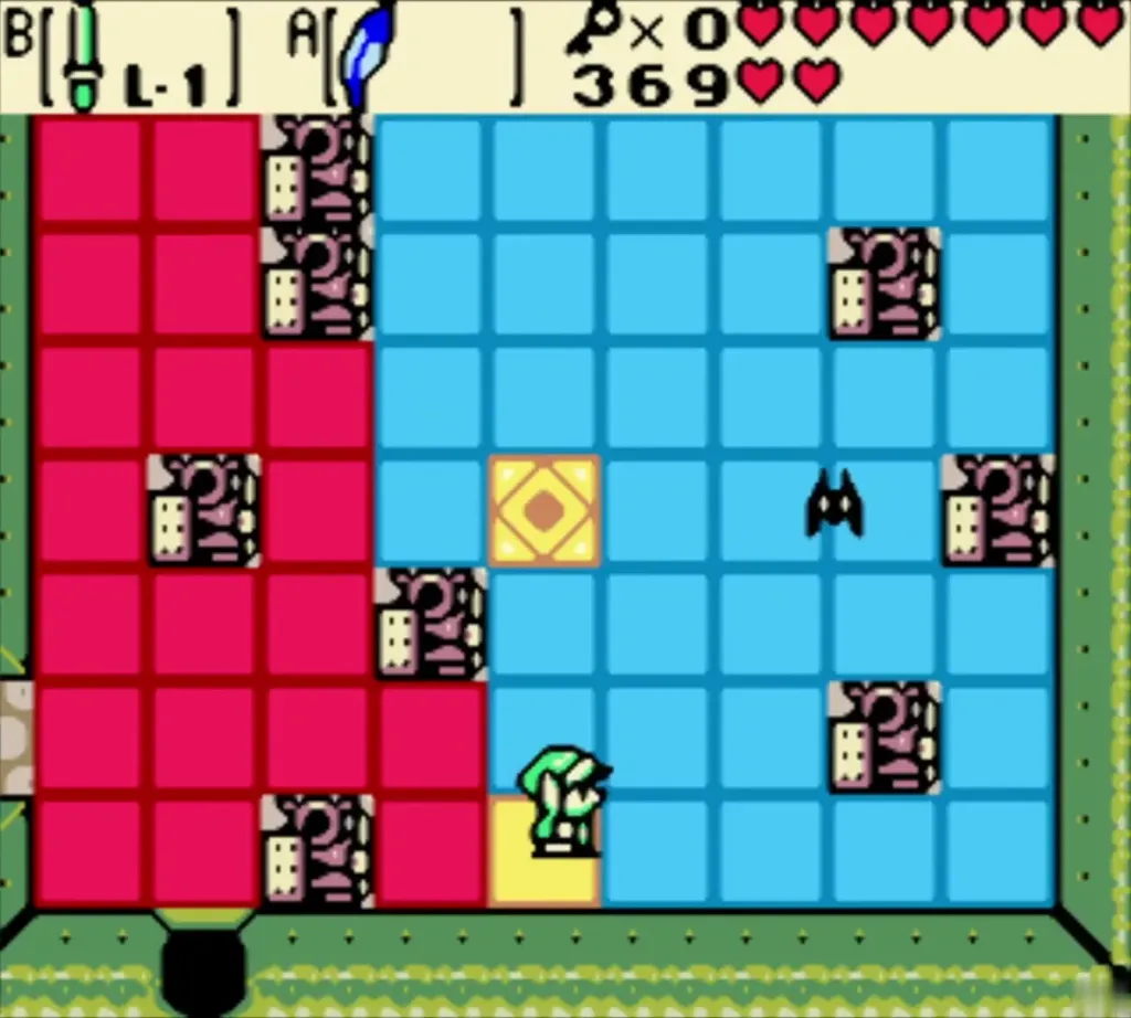 Half the tile floor turned red as Link crosses it Half the tile floor turned red as Link crosses it