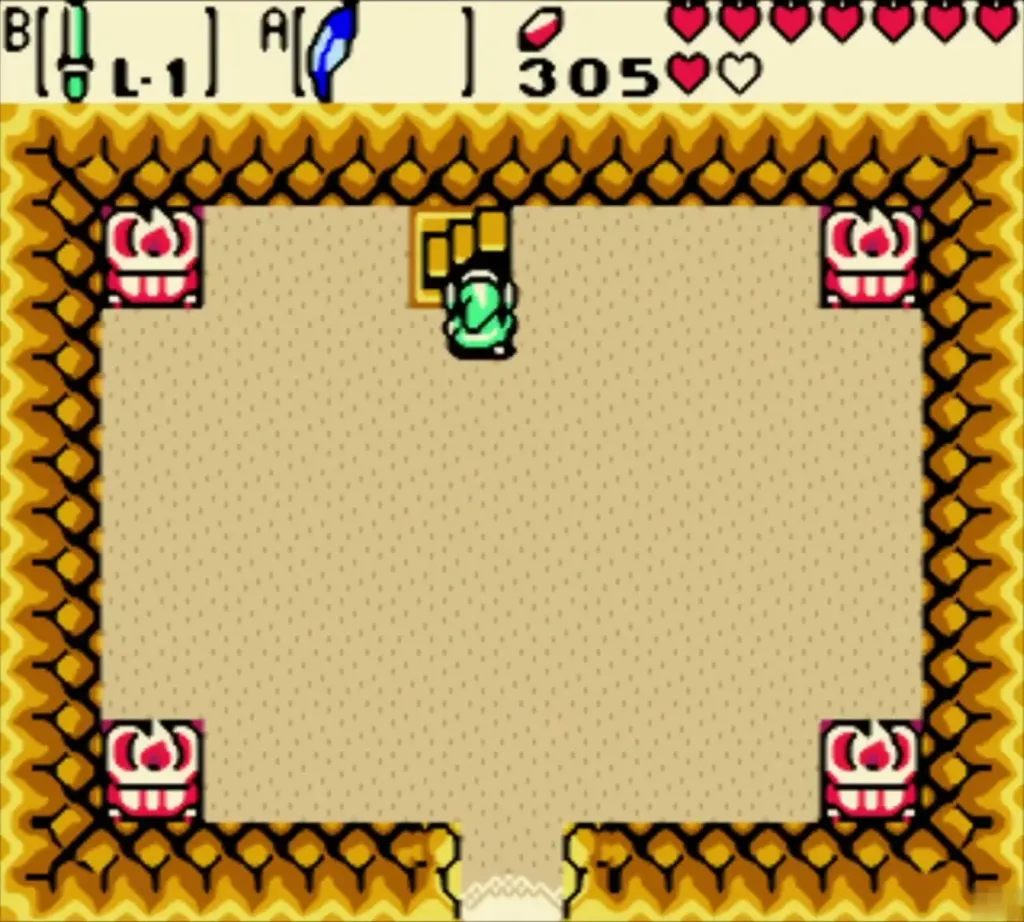 Link crossing the cave room with the four red chests Link crossing the cave room with the four red chests