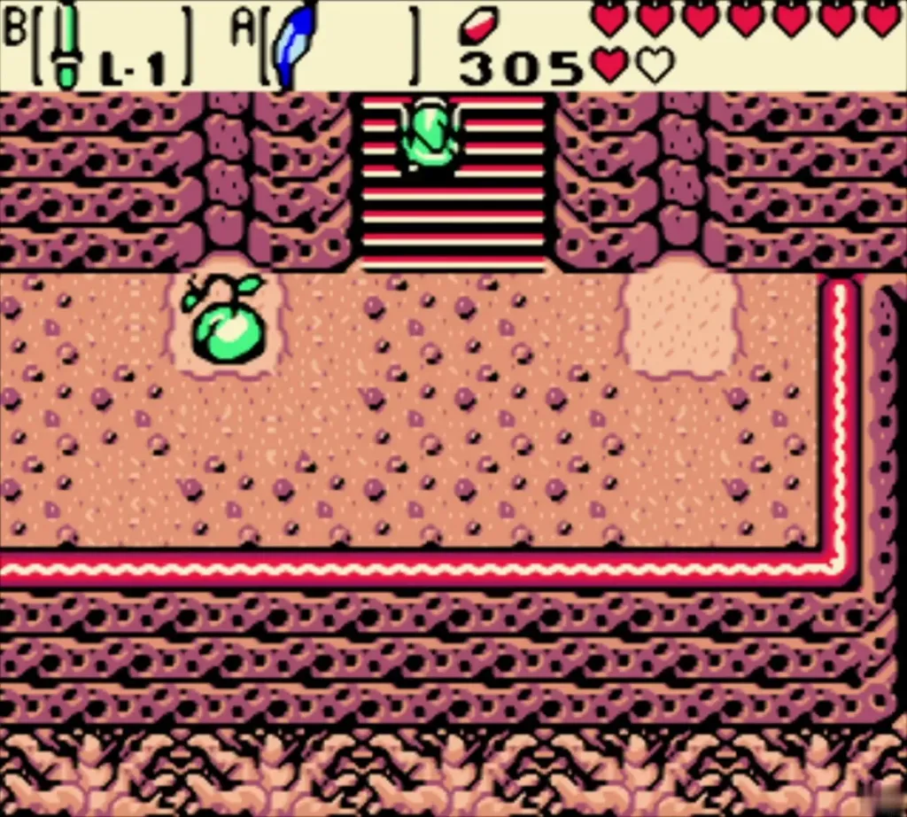 Link coming out of the cave stairs by a small sapling in the past Link coming out of the cave stairs by a small sapling in the past