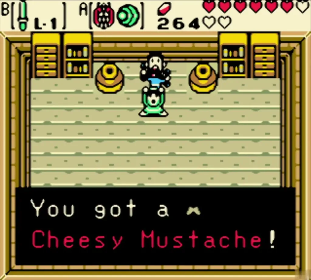Link receiving the Cheesy Mustache with the item message shown Link receiving the Cheesy Mustache with the item message shown