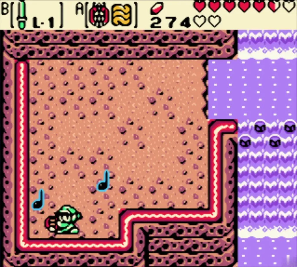 Link playing the Tune of Currents in the bottom-left corner of the south screen Link playing the Tune of Currents in the bottom-left corner of the south screen