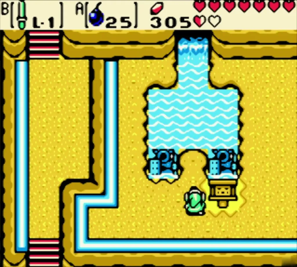 Link at the pond between the two statues in the yellow present Link at the pond between the two statues in the yellow present