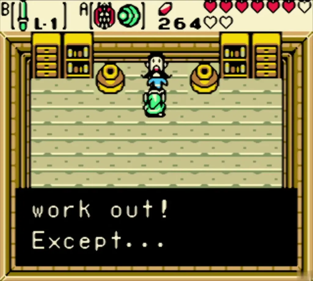 Link standing before the muscular man in the room below the Middle House Link standing before the muscular man in the room below the Middle House