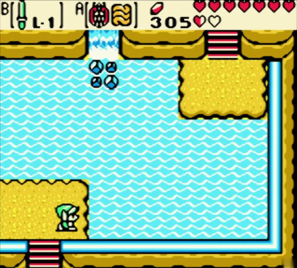 Link at the edge of a blue lake and small waterfall in the present peaks Link at the edge of a blue lake and small waterfall in the present peaks