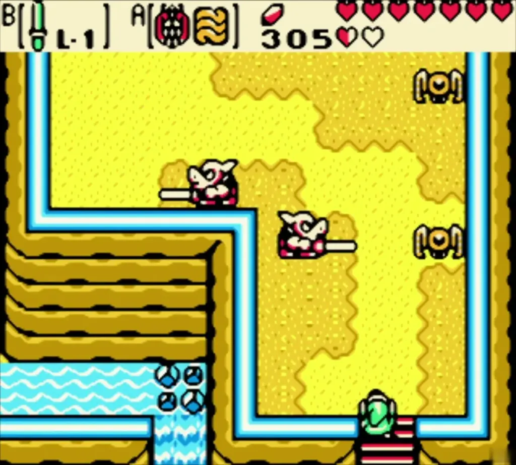 Link climbing toward spear-wielding enemies on the yellow present ledge Link climbing toward spear-wielding enemies on the yellow present ledge
