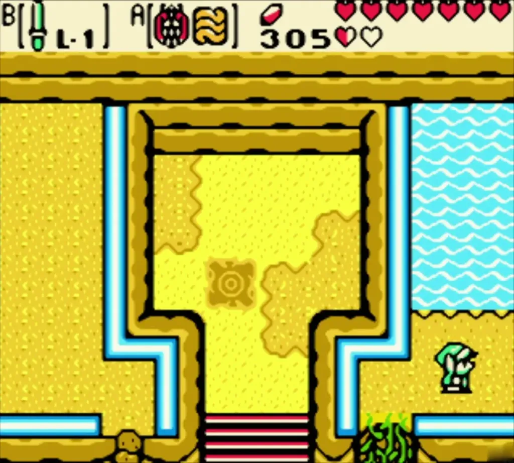 Link on a yellow present-day ledge below a time portal stone Link on a yellow present-day ledge below a time portal stone