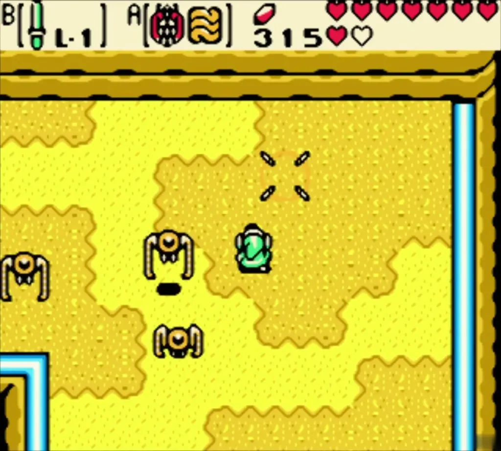 Link fighting spider enemies on the yellow sandy ground Link fighting spider enemies on the yellow sandy ground