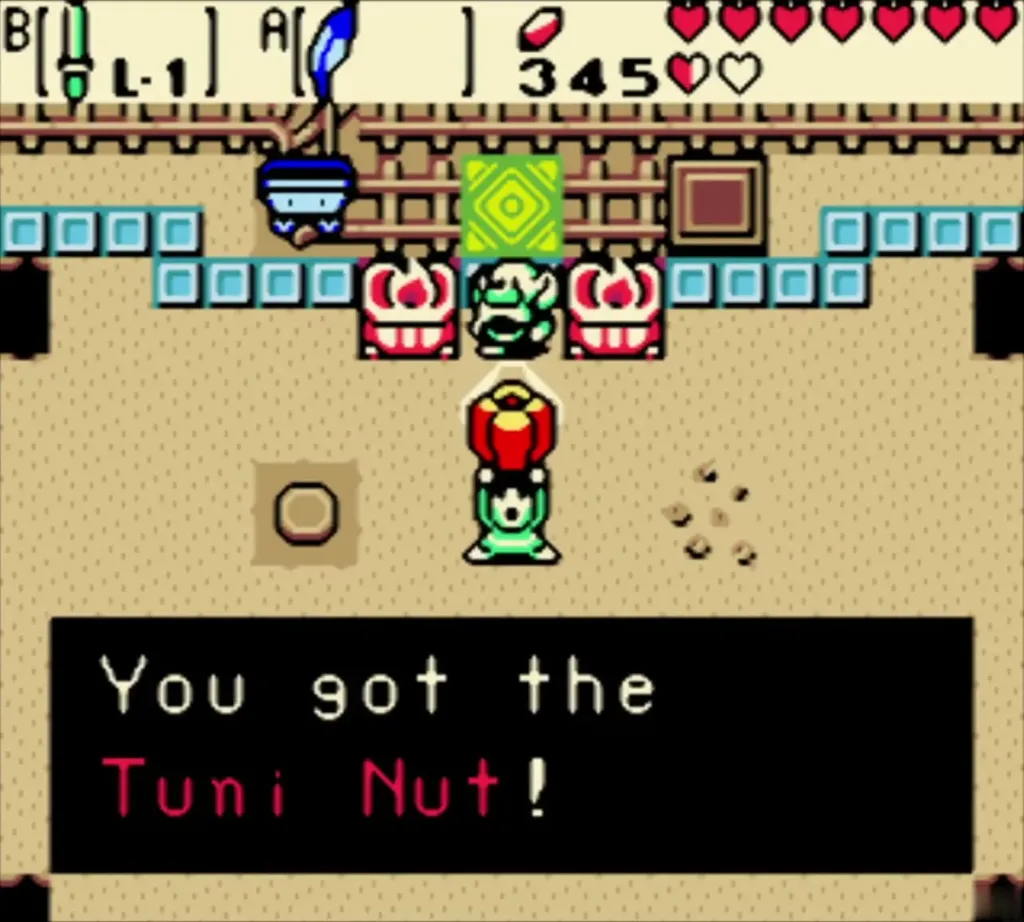 Link holding up the repaired Tuni Nut with the item message shown Link holding up the repaired Tuni Nut with the item message shown