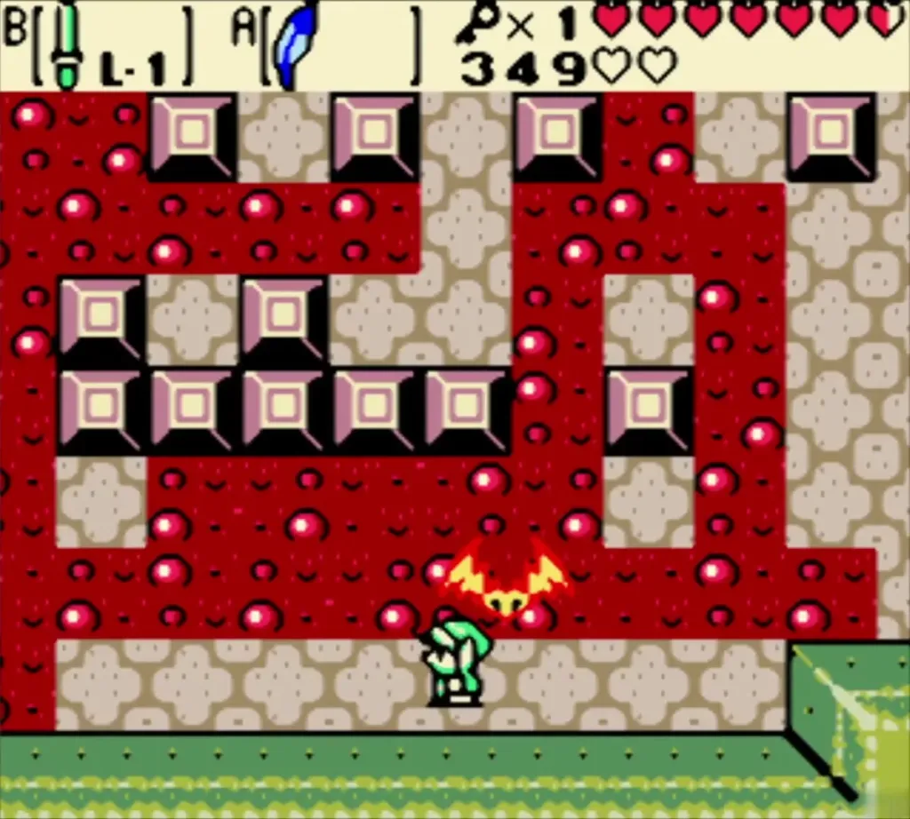 Link hopping across lava between blocks beneath a bat Link hopping across lava between blocks beneath a bat