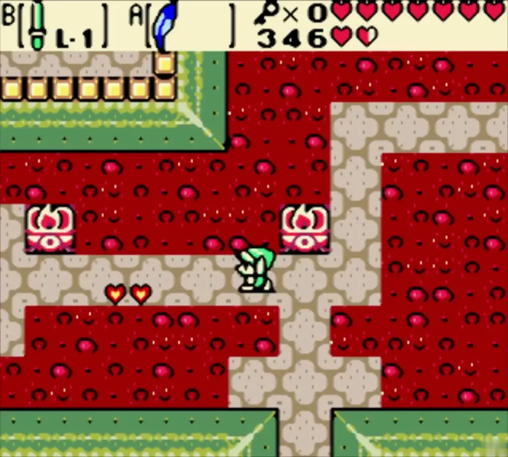 Link crossing a red lava room along a narrow stone path Link crossing a red lava room along a narrow stone path