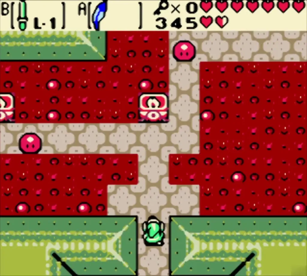 Link at the south door of a lava room with stepping paths in Skull Dungeon Link at the south door of a lava room with stepping paths in Skull Dungeon