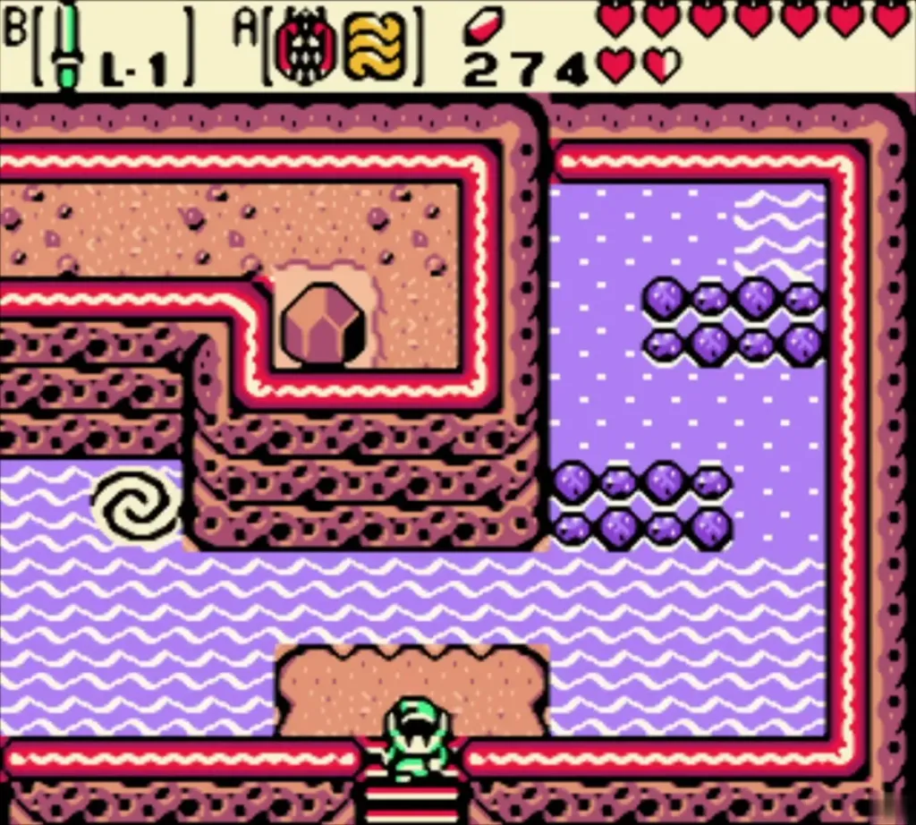 Link leaving Tokkey's lake in the past by the stairs on the south side Link leaving Tokkey's lake in the past by the stairs on the south side