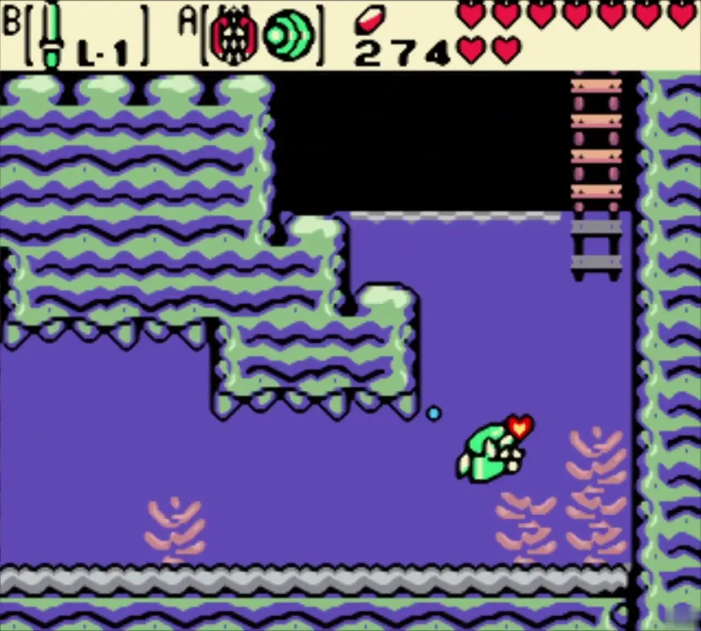 Link swimming toward the ladder at the far end of the underwater passage Link swimming toward the ladder at the far end of the underwater passage