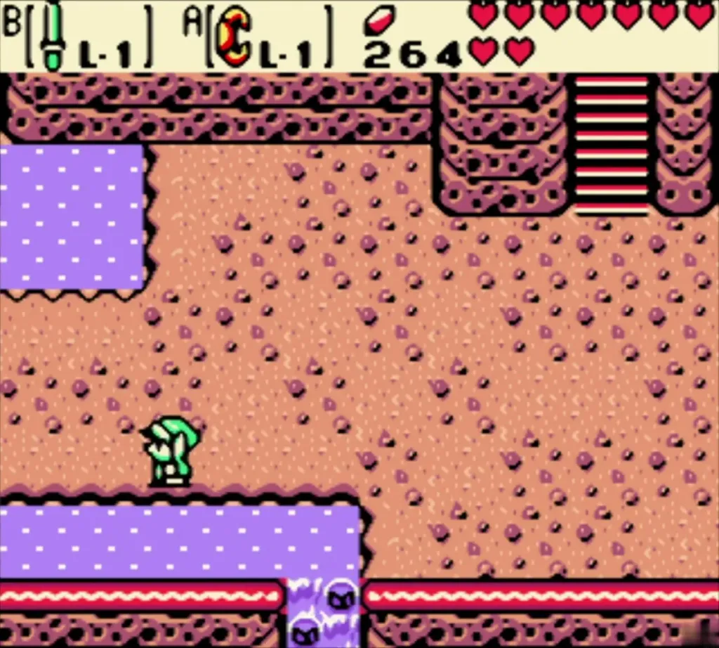 Link walking through the red-brown past Talus Peaks beside purple water Link walking through the red-brown past Talus Peaks beside purple water