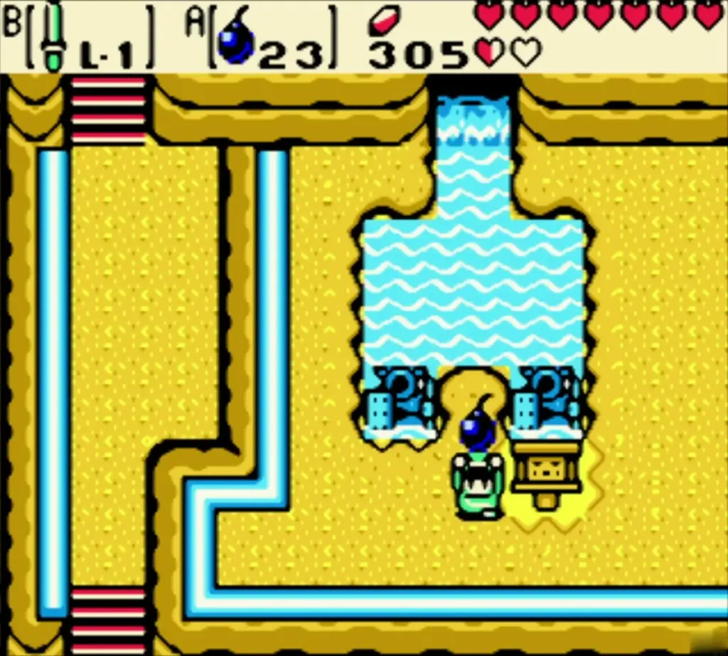 Link holding a bomb to throw it into the pond Link holding a bomb to throw it into the pond