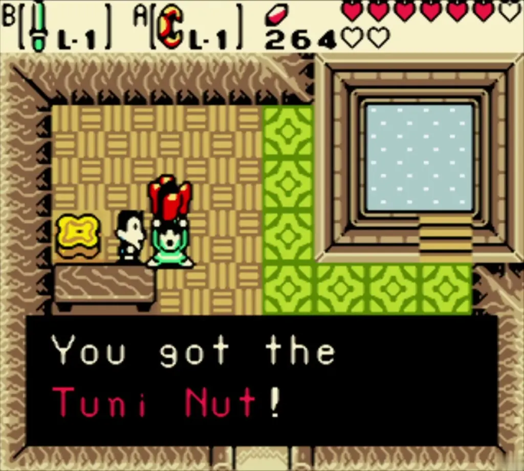 Link holding up the Tuni Nut with the item message shown Link holding up the Tuni Nut with the item message shown