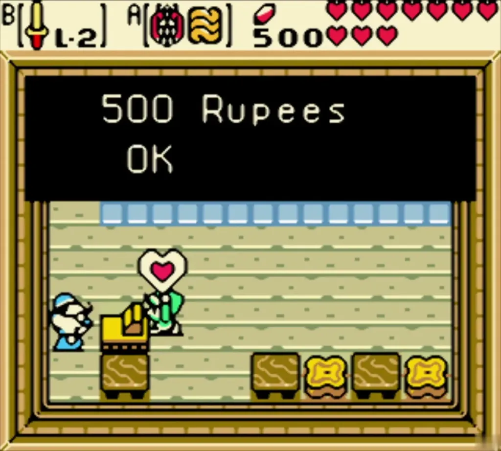 The shopkeeper's 500 Rupees prompt with Link holding the heart The shopkeeper's 500 Rupees prompt with Link holding the heart