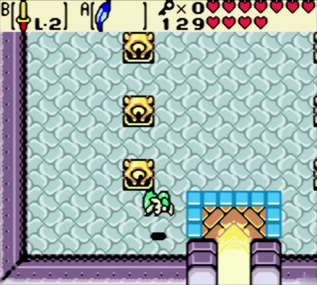 Link jumping into the Crown Dungeon entrance hall beside the statues Link jumping into the Crown Dungeon entrance hall beside the statues