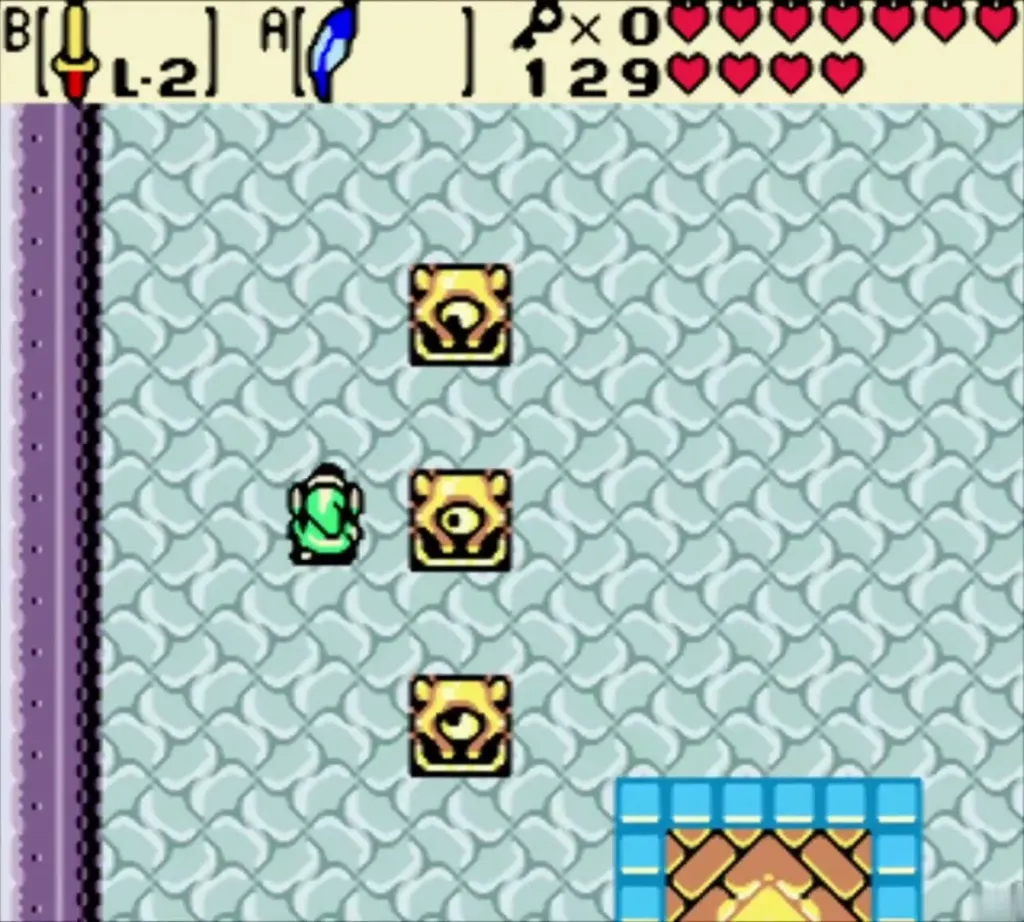 Link in the entrance hall beside the rows of stone statues Link in the entrance hall beside the rows of stone statues
