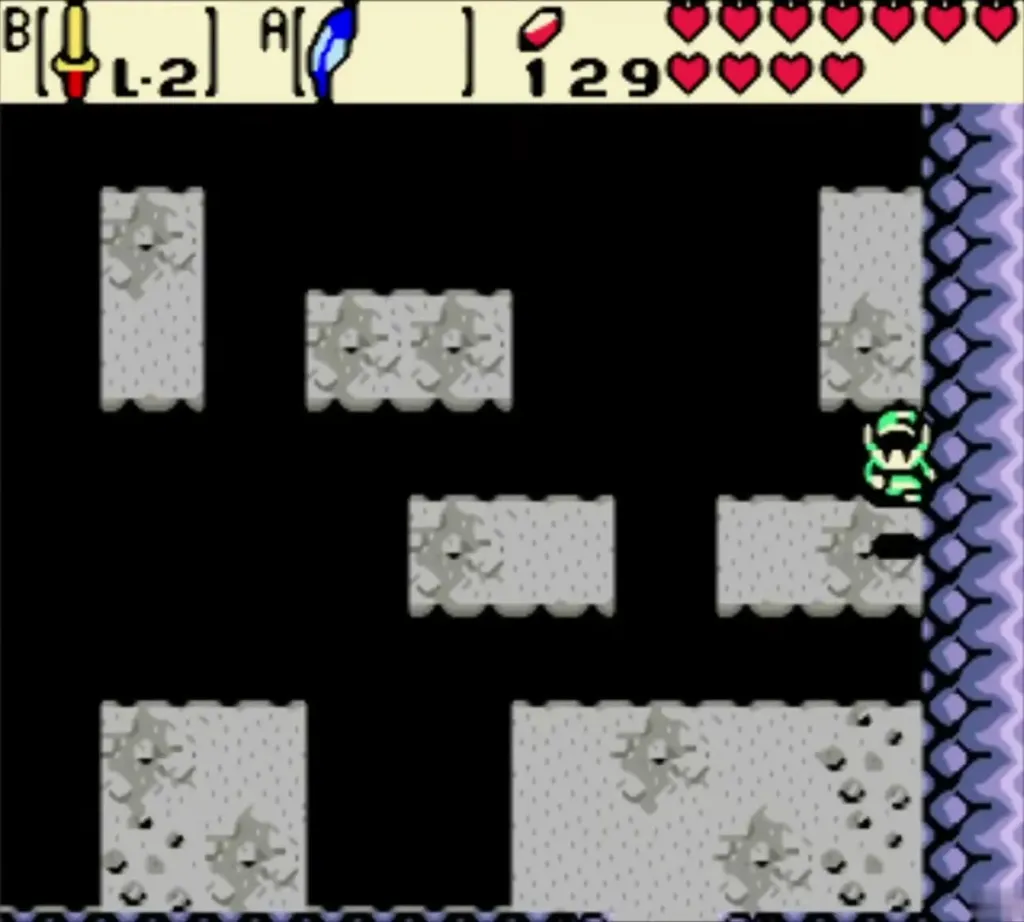 Link crossing the dark platforms toward the exit on the right Link crossing the dark platforms toward the exit on the right