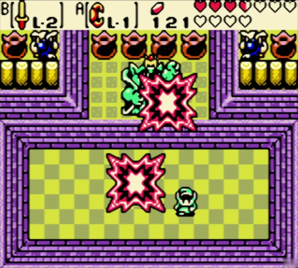 Bomb explosions on the Great Moblin as Link stands back Bomb explosions on the Great Moblin as Link stands back