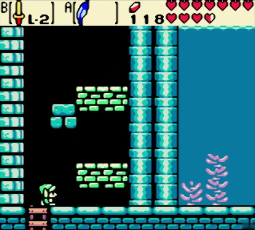 Link in the side-scrolling cave beside the water and stone ledges Link in the side-scrolling cave beside the water and stone ledges