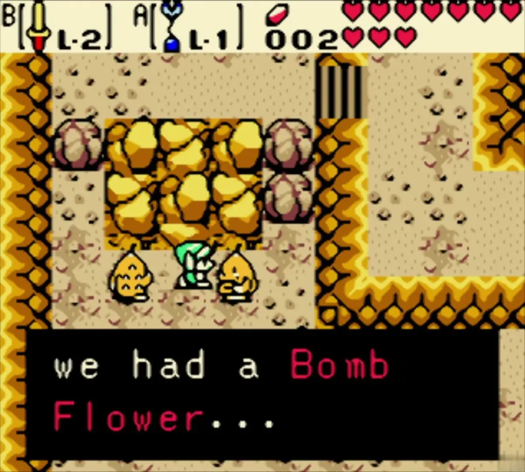 A Goron beside Link saying they need a Bomb Flower A Goron beside Link saying they need a Bomb Flower