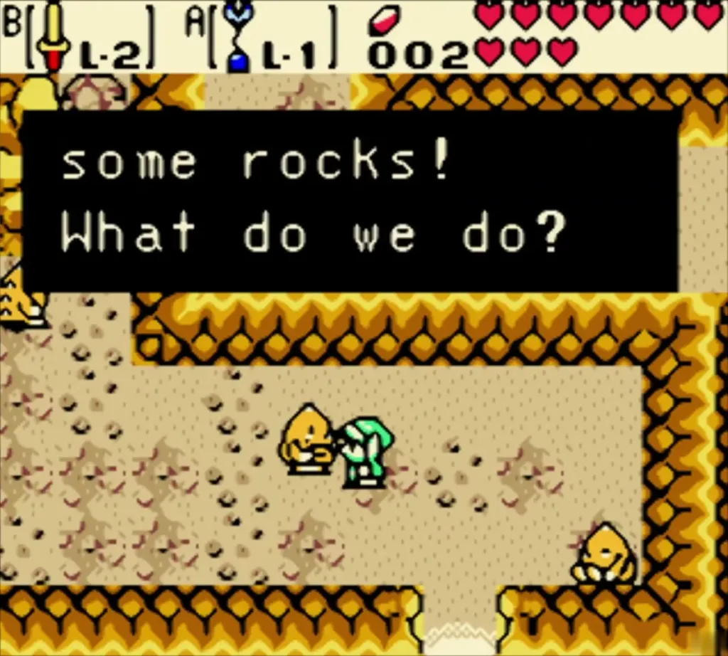 A Goron asking what to do about the rocks while Link listens A Goron asking what to do about the rocks while Link listens