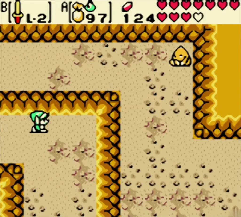 Link walking through the new tunnel past a Goron Link walking through the new tunnel past a Goron