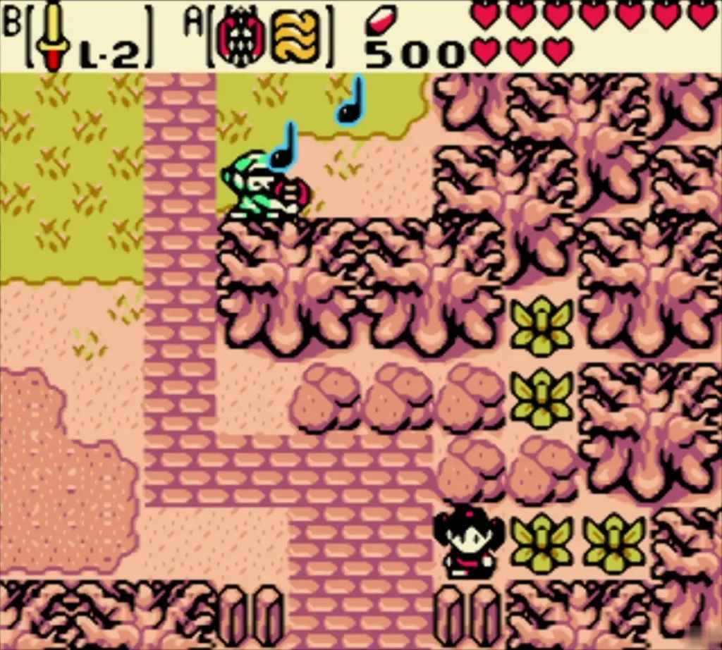 Link playing the Harp of Ages with music notes in the past Link playing the Harp of Ages with music notes in the past
