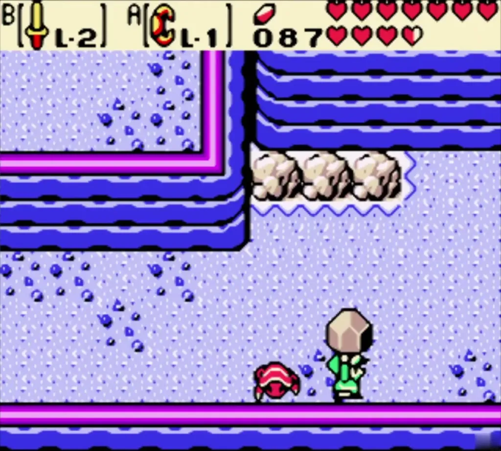 Link carrying a lifted rock on the blue ridge beside a red crab Link carrying a lifted rock on the blue ridge beside a red crab