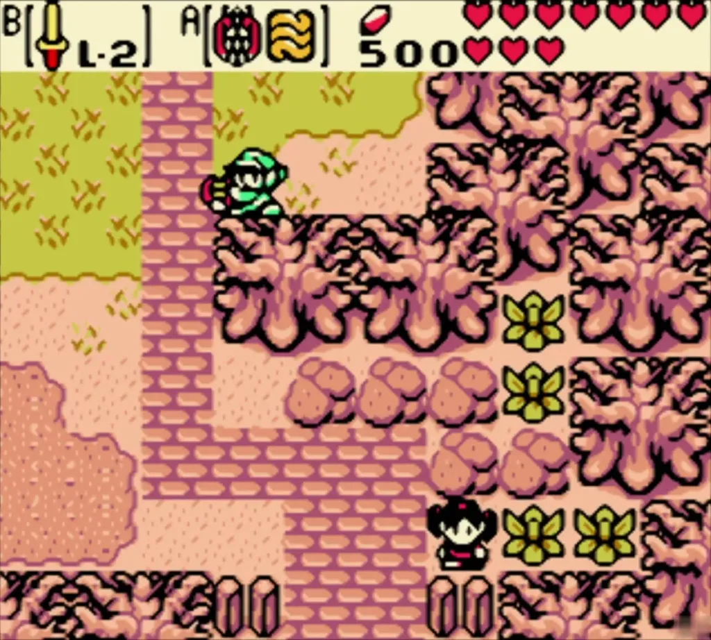 Link in the top-left corner of the screen behind the trees in the past Link in the top-left corner of the screen behind the trees in the past