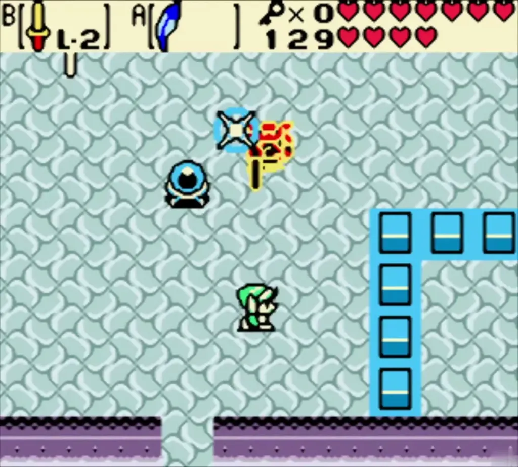 Link in the Moblin arena near a blue barrier and a Moblin Link in the Moblin arena near a blue barrier and a Moblin